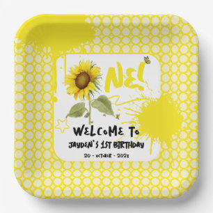 Watercolor Sunflower with Butterflies 1st Birthday Paper Plate