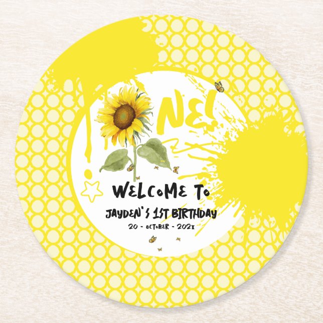 Watercolor Sunflower with Butterflies 1st Birthday Round Paper Coaster (Front)