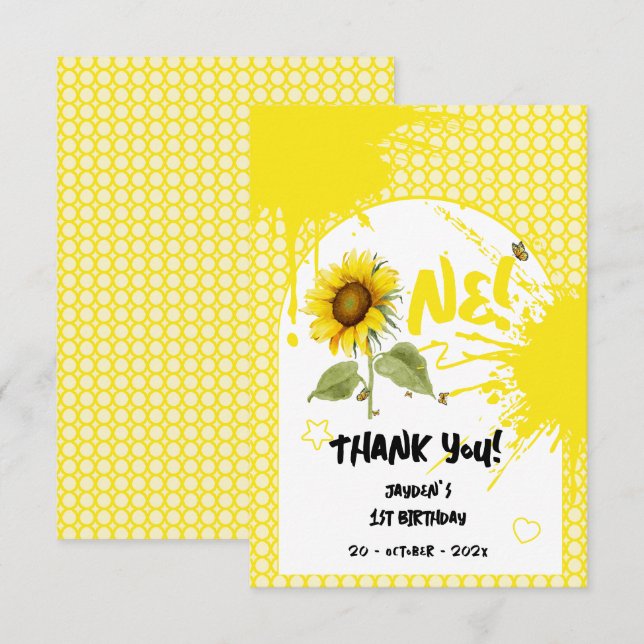 Watercolor Sunflower with Butterflies 1st Birthday Thank You Card (Front/Back)