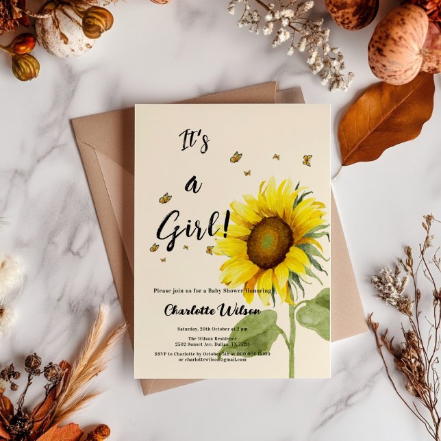 Watercolor Sunflower with Butterflies Baby Shower Invitation (Creator Uploaded)