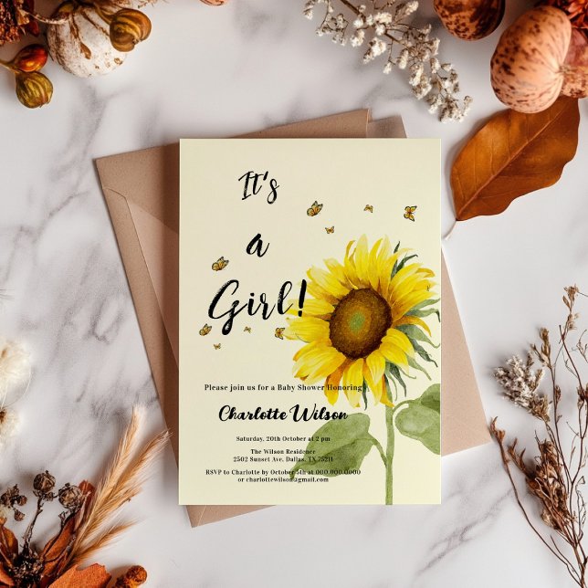 Watercolor Sunflower with Butterflies Baby Shower Invitation (Creator Uploaded)