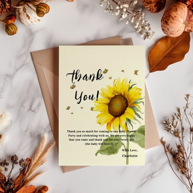 Watercolor Sunflower with Butterflies Baby Shower Thank You Card (Creator Uploaded)
