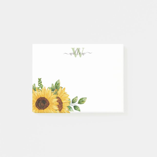 Watercolor Sunflower with Monogram Post-it Notes (Front)