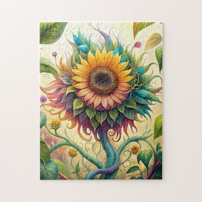 Watercolor Sunflower With Vines Puzzle #2 (Vertical)