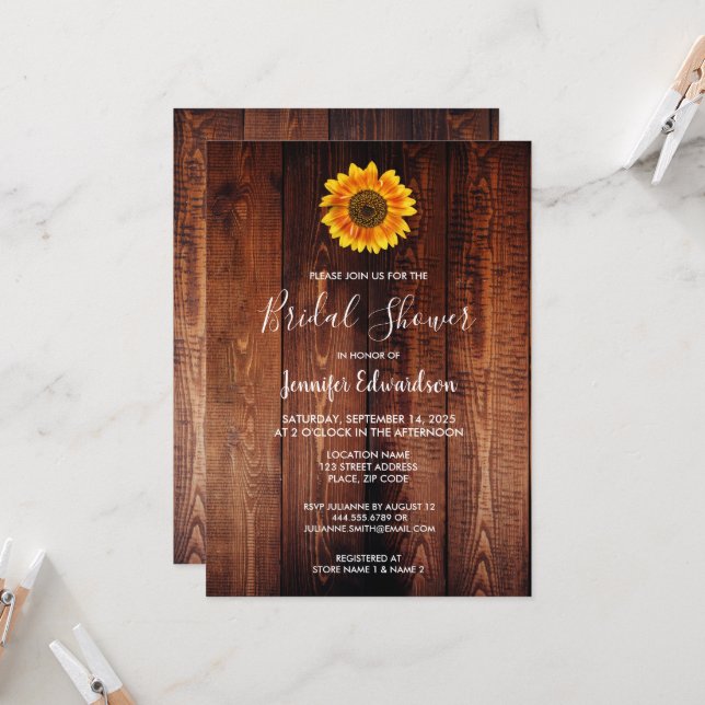 Watercolor sunflower wood Bridal Shower Invitation (Front/Back In Situ)