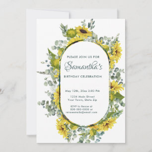 Watercolor Sunflower Wreath Birthday Party  Invitation