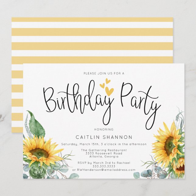 Watercolor Sunflower Yellow Stripes Birthday Party Invitation (Front/Back)