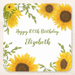 Watercolor Sunflowers 100th Birthday Coaster