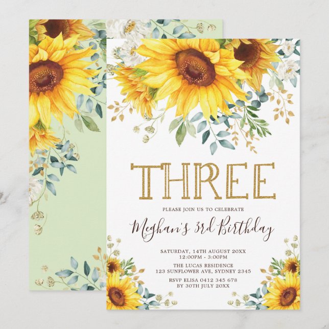 Watercolor Sunflowers 3rd Birthday Summer Floral Invitation (Front/Back)