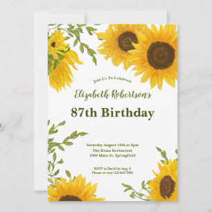 Watercolor Sunflowers 87th Birthday Invitation