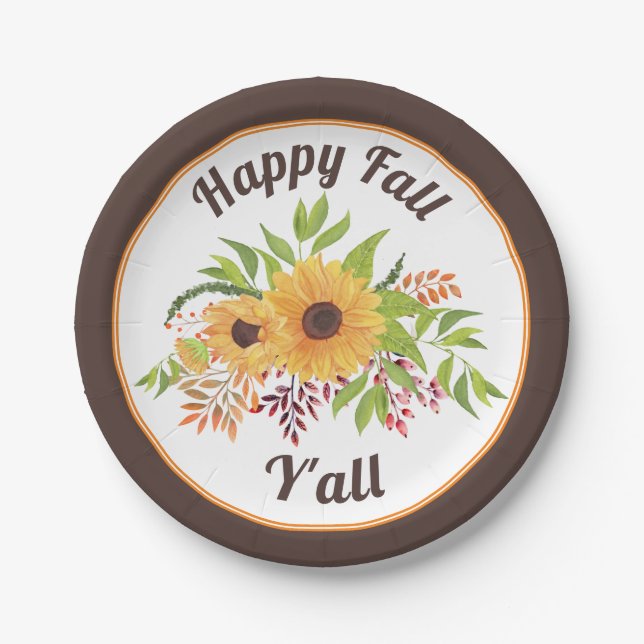 Watercolor sunflowers and berries Happy fall Y'all Paper Plate (Front)