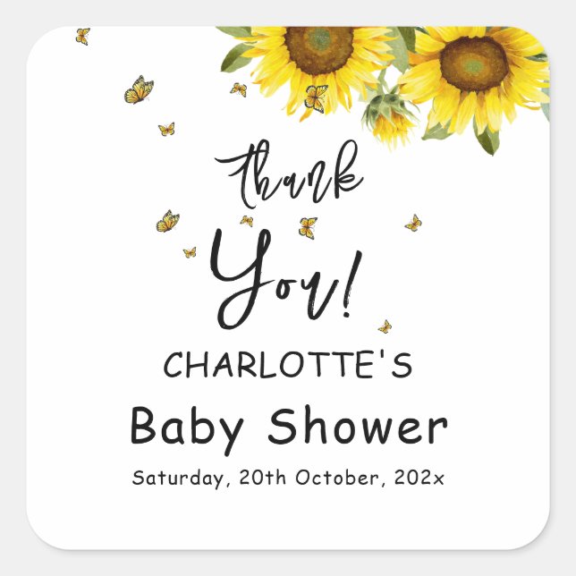 Watercolor Sunflowers and Butterflies Baby Shower Square Sticker (Front)