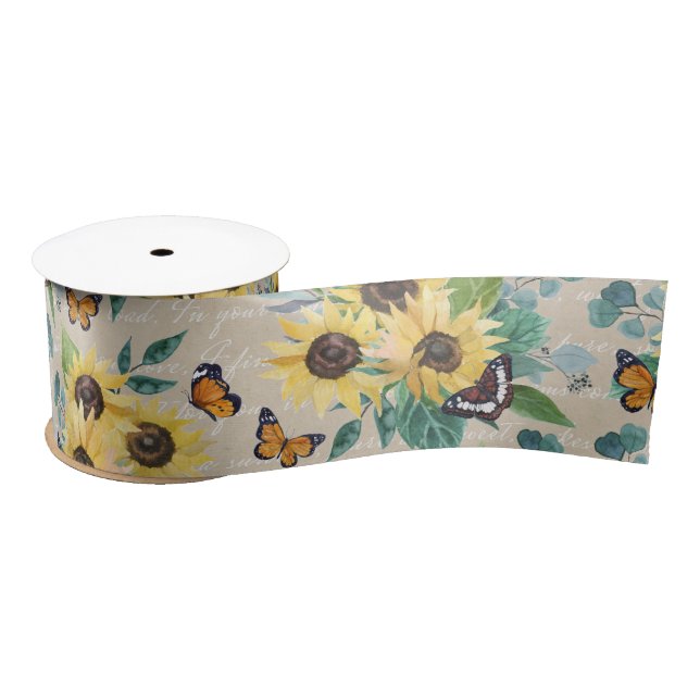 Watercolor Sunflowers and Butterflies on Parchment Satin Ribbon (Spool)