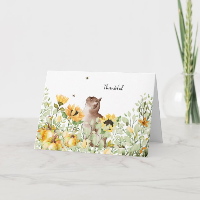 Watercolor Sunflowers and Cat Thanksgiving    Card (Front)