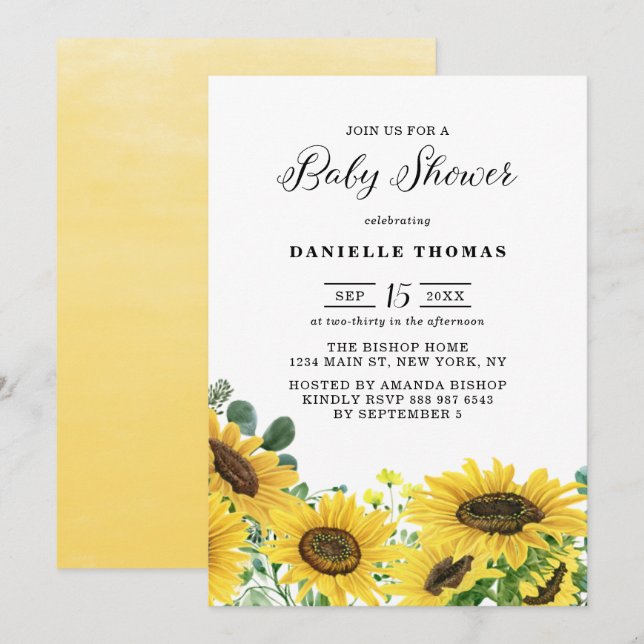 Watercolor Sunflowers and Eucalyptus Baby Shower Invitation (Front/Back)