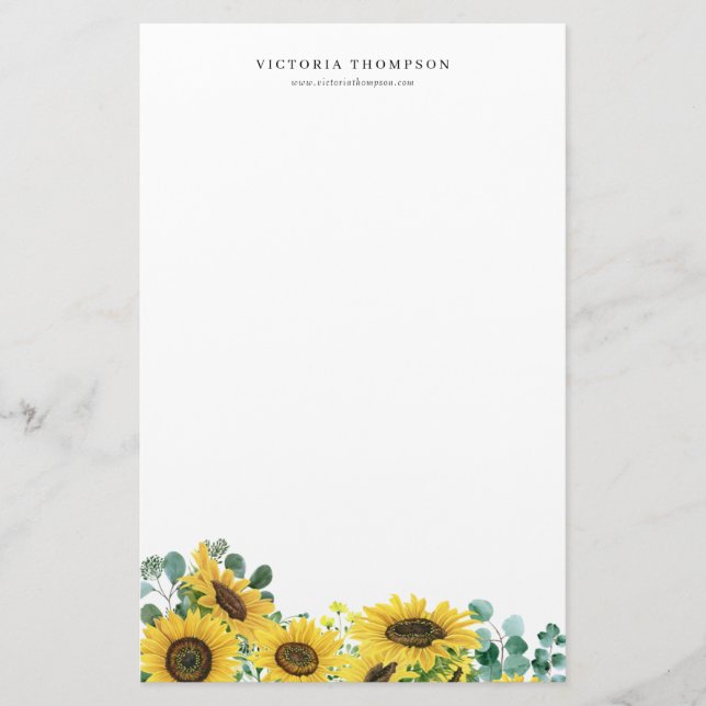 Watercolor Sunflowers and Eucalyptus Personalised Stationery (Front)