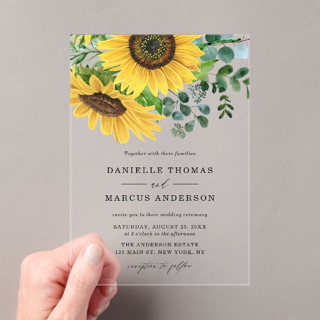 Watercolor Sunflowers and Eucalyptus Wedding Acrylic Invitations (Insitu (Handheld))