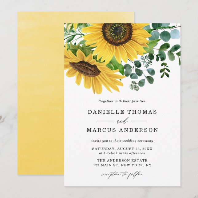 Watercolor Sunflowers and Eucalyptus Wedding Invitation (Front/Back)