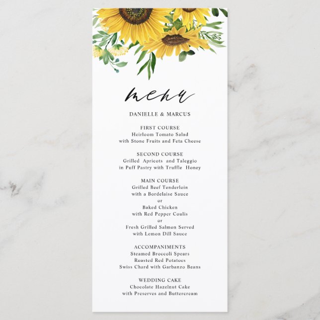 Watercolor Sunflowers and Eucalyptus Wedding Menu (Front)