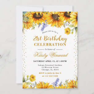 Watercolor Sunflowers and Gold Glitter Birthday Invitation
