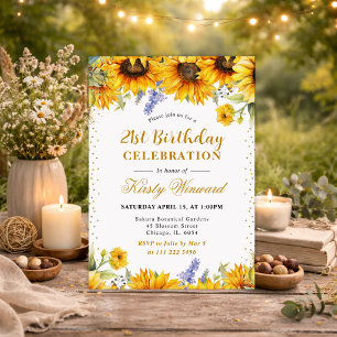Watercolor Sunflowers and Gold Glitter Birthday Invitation