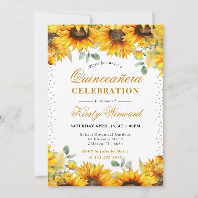 Watercolor Sunflowers and Gold Glitter Quinceanera Invitation (Front)