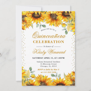 Watercolor Sunflowers and Gold Glitter Quinceanera Invitation