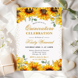 Watercolor Sunflowers and Gold Glitter Quinceanera Invitation