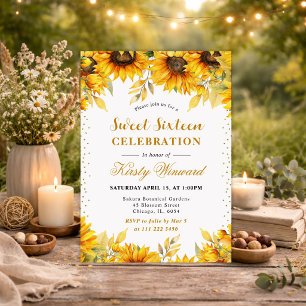 Watercolor Sunflowers and Gold Glitter Sweet 16 Invitation