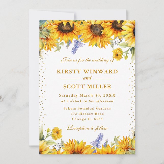 Watercolor Sunflowers and Gold Glitter Wedding Invitation (Front)