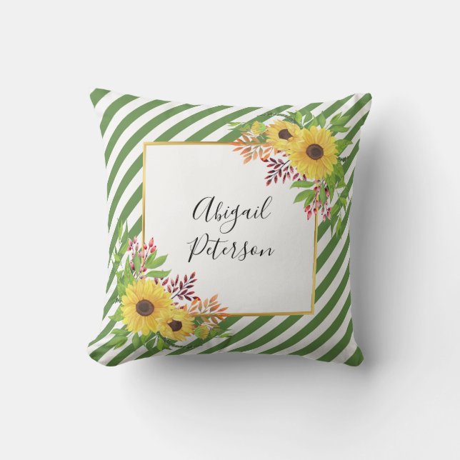 Watercolor sunflowers and green striped pattern cushion (Front)