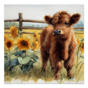 Watercolor Sunflowers and Highland Calf Poster