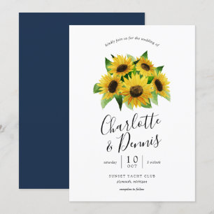 watercolor sunflowers and navy blue wedding invitation