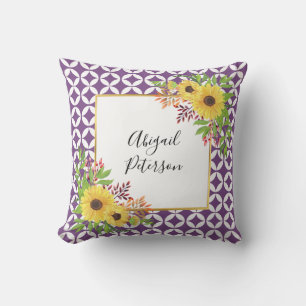 Watercolor sunflowers and purple geometric pattern cushion