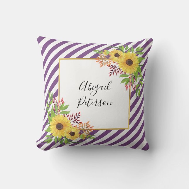 Watercolor sunflowers and purple striped pattern cushion (Front)