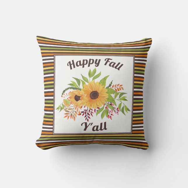 Watercolor sunflowers and stripes Happy fall Y'all Cushion (Front)