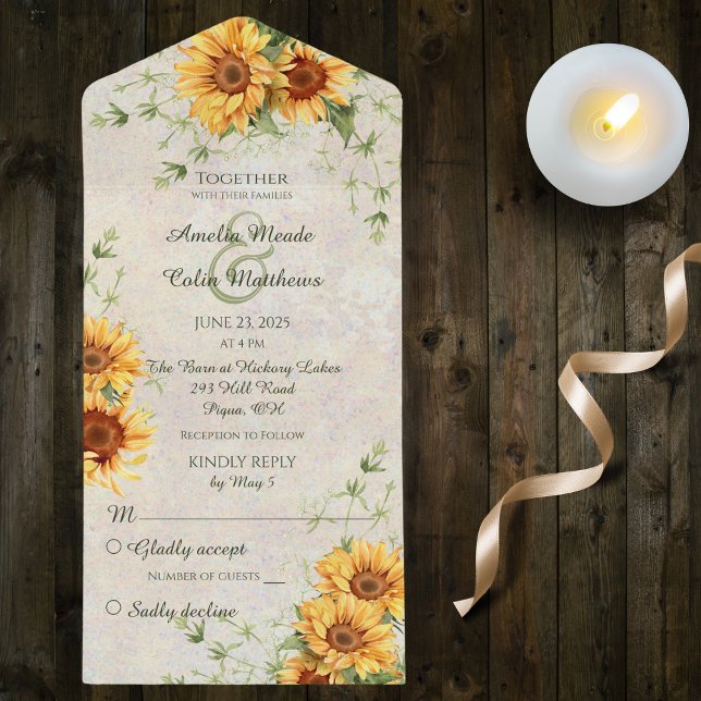 Watercolor Sunflowers and Vines All In One Invitation (Also available with QR code)