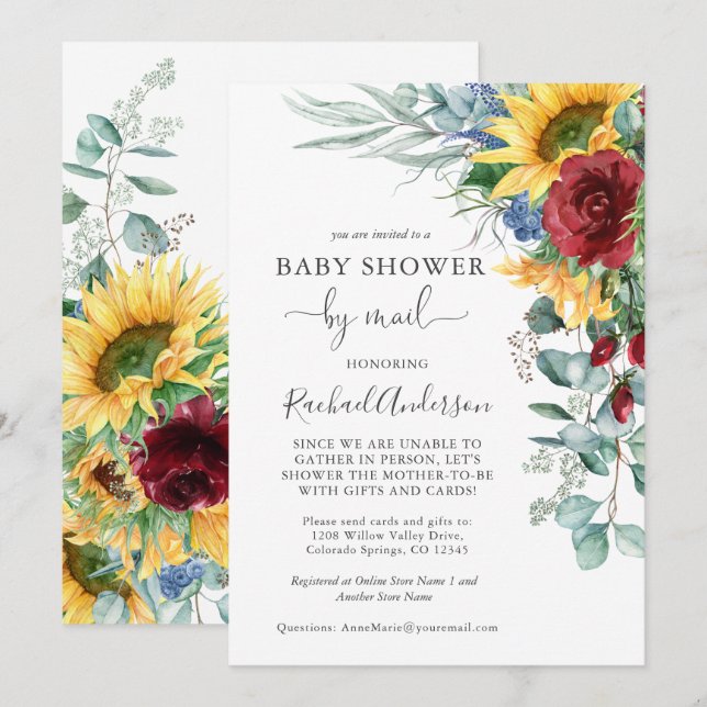 Watercolor Sunflowers Baby Shower by Mail Invitation (Front/Back)