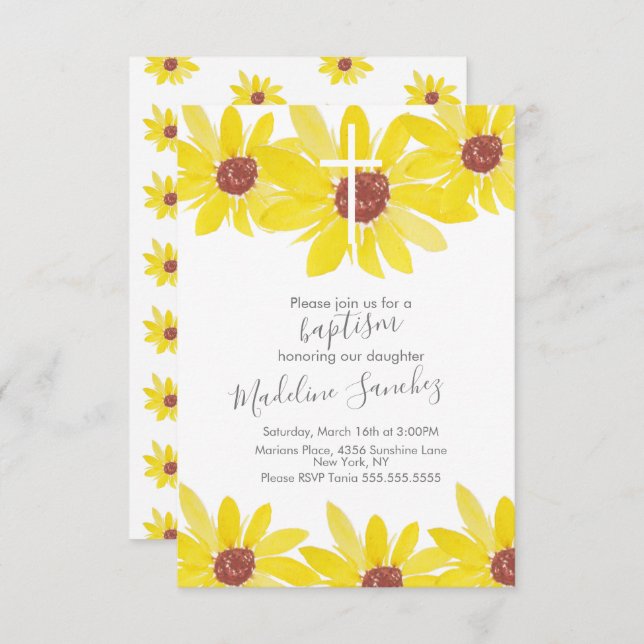 Watercolor Sunflowers Baptism Hand Painted Invitation (Front/Back)
