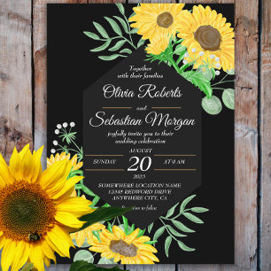 Watercolor Sunflowers Black Hexagon Wedding Invitation