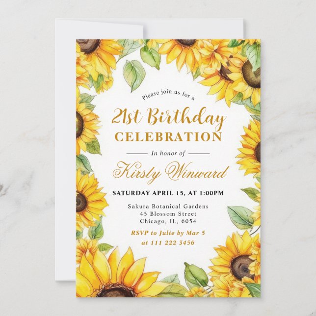 Watercolor Sunflowers Border Frame  Birthday Invitation (Front)