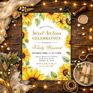 Watercolor Sunflowers Border Frame Sweet 16 Invitation