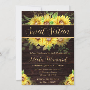 Watercolor Sunflowers Border Frame Sweet 16 Invitation
