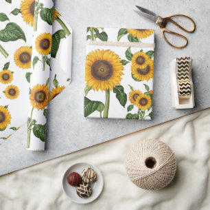 Watercolor Sunflowers Botanical Foliage Greenery Wrapping Paper