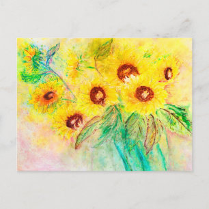 Watercolor sunflowers. bouquet painted. postcard