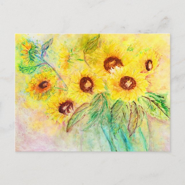 Watercolor sunflowers. Bouquet painted. Postcard (Front)