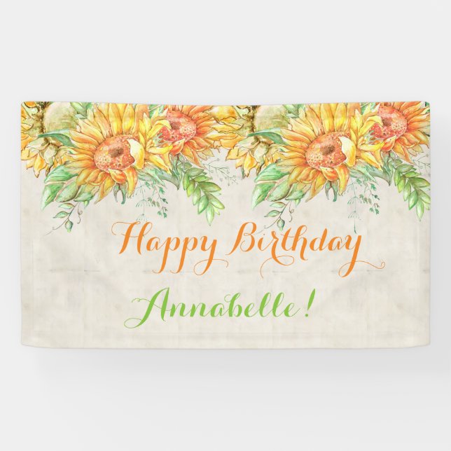 Watercolor Sunflowers Bright Orange Yellow Green Banner (Horizontal)