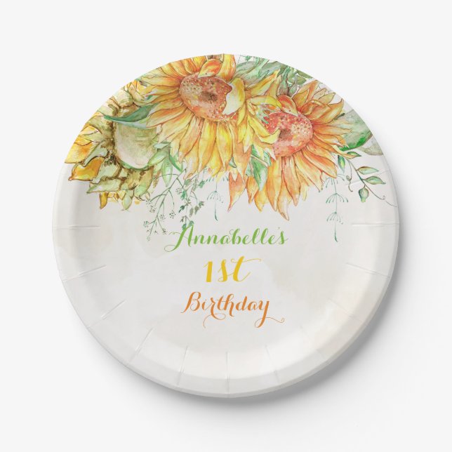 Watercolor Sunflowers Bright Orange Yellow Green Paper Plate (Front)