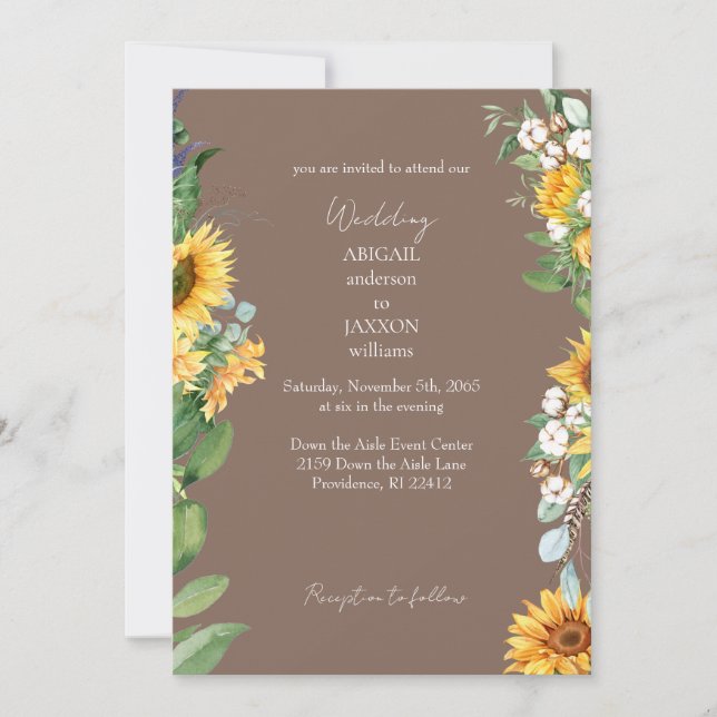 Watercolor Sunflowers Brown Wedding Invitation (Front)