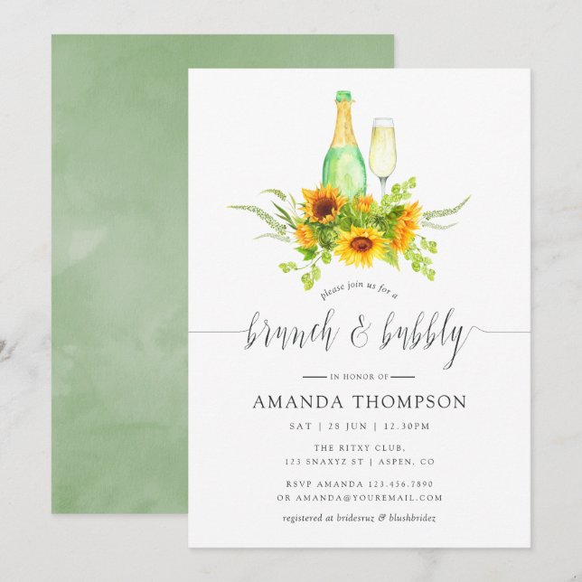 Watercolor Sunflowers Brunch and Bubbly Invitation (Front/Back)